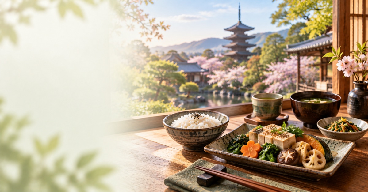 Plant-based Kyoto meal with tofu and seasonal vegetables