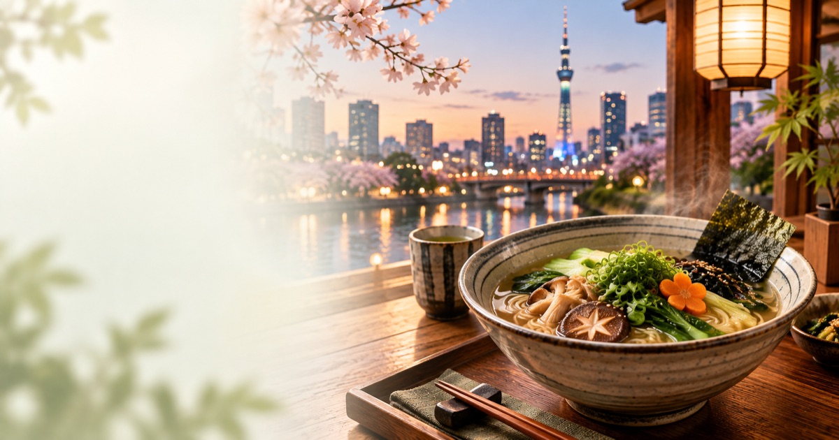 Vegetarian ramen beside the Tokyo skyline at sunset