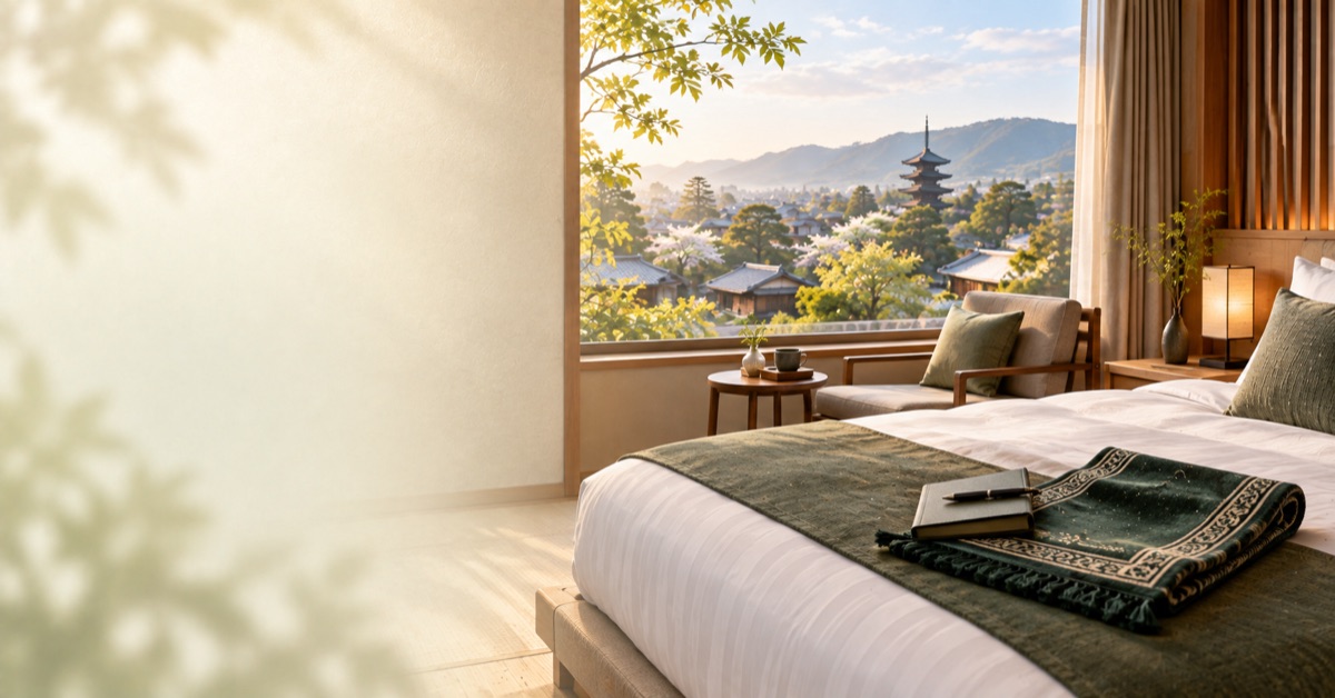 Calm Kyoto hotel room with a folded prayer mat and city view