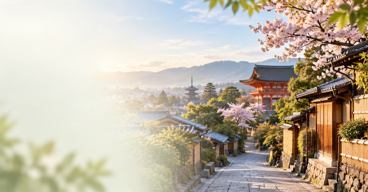 Traditional Kyoto street and temple rooftops in morning light