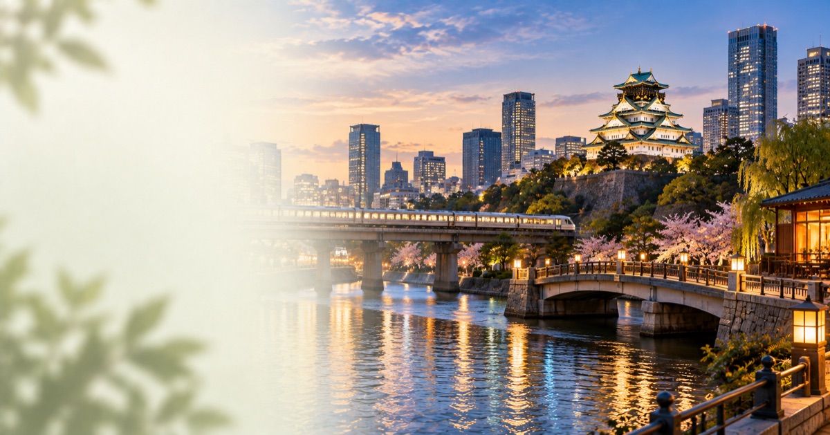 Osaka Castle and city train at sunset